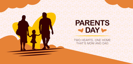 Parentsâ Day Greeting Card with Family Silhouette and Heart in Warm Background Designのイラスト素材