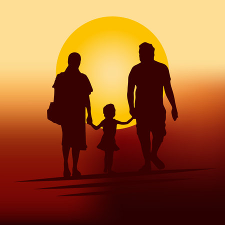 Parents Walking with Child at Sunset Silhouette for Family Love and Bonding Illustrationのイラスト素材