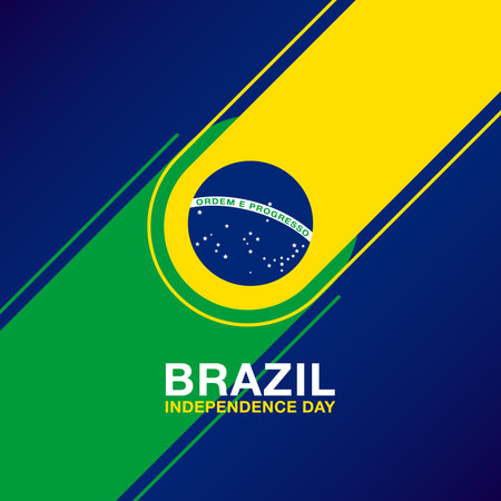 Brazil Independence Day graphic template with diagonal stripes and circular national flag in bold color. Brazil National Flag Design Background.のイラスト素材