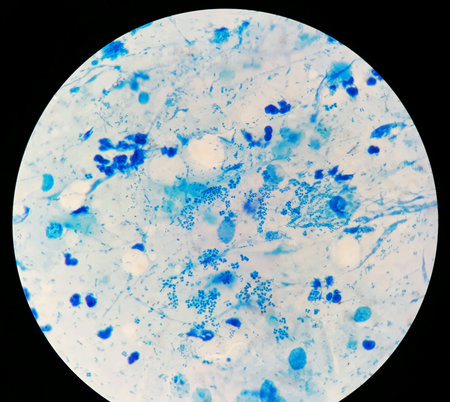 Smear of Acid-Fast bacilli AFB stained from sputum specimen, under 100X light microscope.