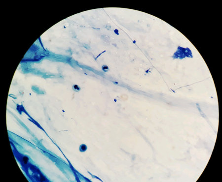 Smear of Acid-Fast bacilli AFB stained from sputum specimen, under 100X light microscope.