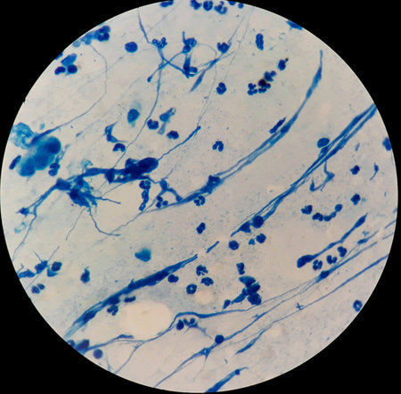 Smear of Acid-Fast bacilli AFB stained from sputum specimen, under 100X light microscope.の素材