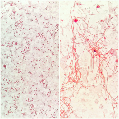 Smear of human blood cultured Gram' s stain, compare 2 types of gram negative bacilli bacteria.の素材