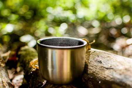 Coffee from a thermos Cup in the bright rays of the autumn sun in the forestの写真素材