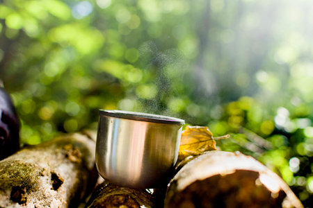 Coffee from a thermos Cup in the bright rays of the autumn sun in the forestの写真素材