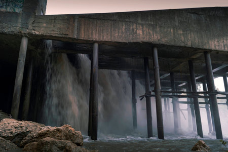 A small dam, on a small mountain river, on a city power station, in cloudy weather