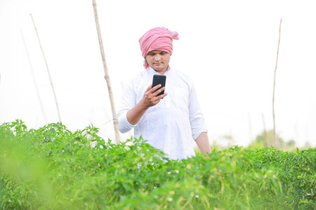 Young indian farmer showing Smart phone , Farmer talking on phone in farm, happy indian farmer
