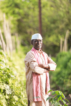 Indian farming Happy indian farmer standing in farm, sowing Empty Handsの写真素材