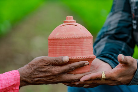 Indian farmer Holding gullak in hand, saving concept, happy poor farmerの写真素材