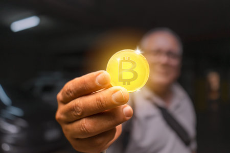 Ordinary latin mature man showing a bitcoin coin in his handの写真素材