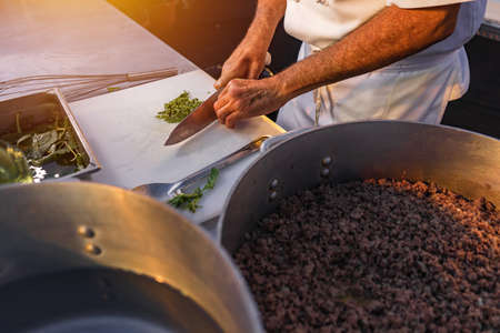 Close Up of the hands of a professional chef chopping fresh oreganoの写真素材