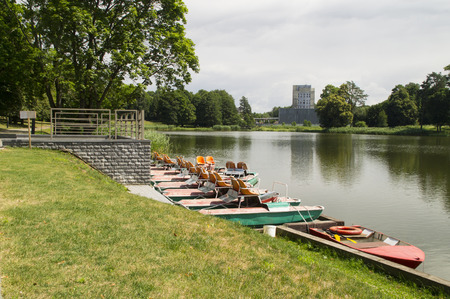Catamarans and boats in the boathouseの写真素材