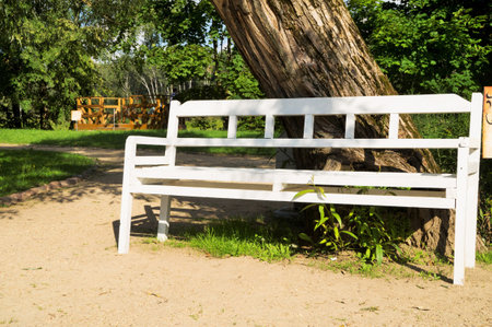 An old wooden handmade bench stands near a wooden houseの写真素材