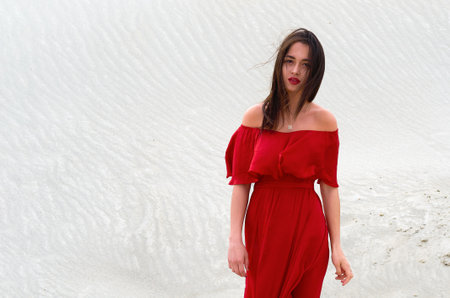 the girl in the red dress in the white desertの写真素材