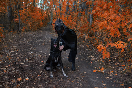 a girl in a bdsm costume and a black mask and with a dog in red forest.an an idea for Halloween.の写真素材