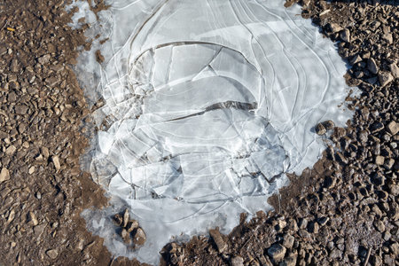 the texture of cracked ice on the groundの写真素材