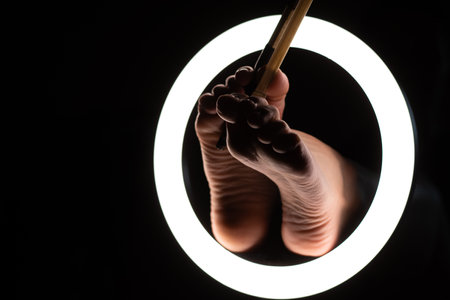 female legs with a violin bow in close-up in a round lamp. the concept of playing the violinの写真素材