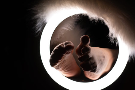 female legs with an animal tail in close-up in a round lamp. the concept of quadrobing and grooming.