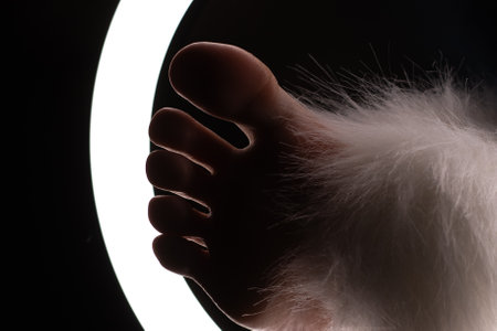 female legs with an animal tail in close-up in a round lamp. the concept of quadrobing and grooming.の写真素材