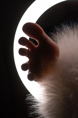 female legs with an animal tail in close-up in a round lamp. the concept of quadrobing and grooming.の写真素材