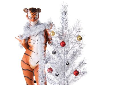 woman-tiger posing on white backgroundの写真素材