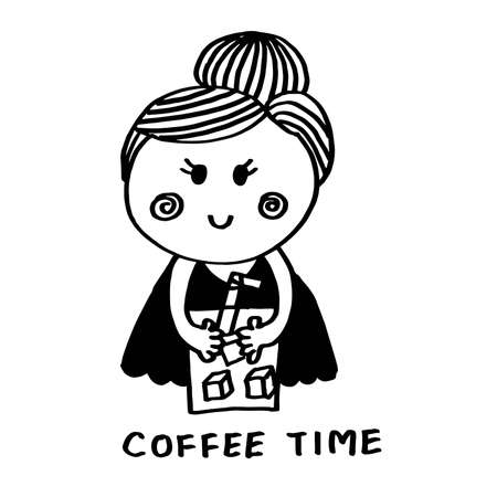 Cute girl hold ice coffee glass , cartoon doodle hand draw black line on white backgroundのイラスト素材