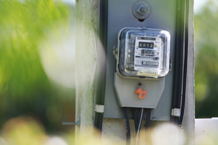 Electric Meter for house close up with green tree background