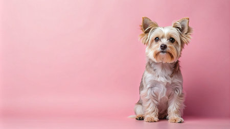Lovely little dog sitting down on pink background studio lightingの素材