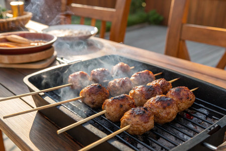 Grilled meatballs on a barbecue grill in the summer garden.の素材
