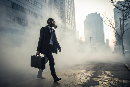 Businessman in gas mask with briefcase walking in foggy cityの素材
