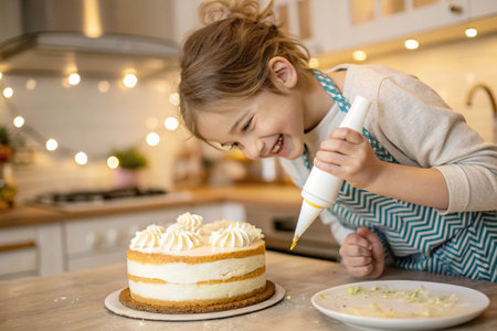 Cute little girl decorating cake with whipped cream at home.の素材