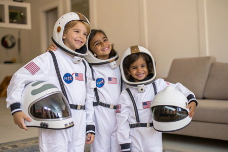 Portrait of happy children wearing astronaut suit and holding helmets at homeの素材