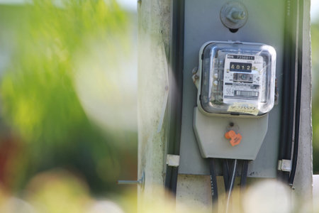 Electricity meter on electric pole in the garden. Selective focus.