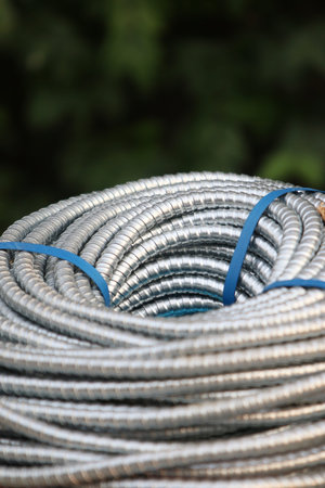 Close up of a roll of steel wire in a construction site.