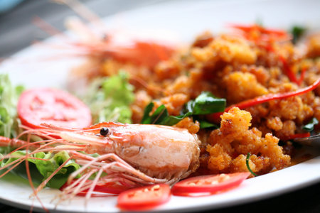 Spicy fried shrimp , close up