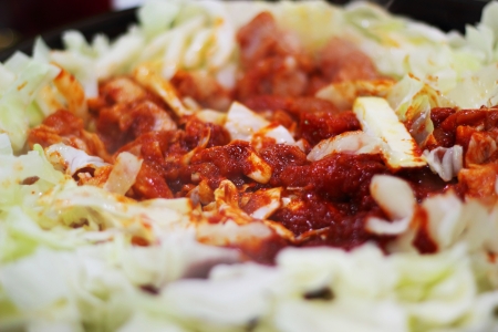 Dak Galbi Korean fried chicken with sauce.の写真素材