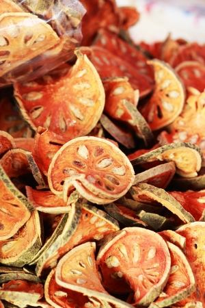 Slices of dried bael fruitの写真素材