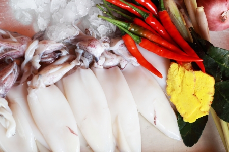 Fresh squid with garnish for soup.の写真素材