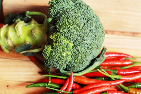 Broccoli, fresh vegetables and fresh chiliの写真素材