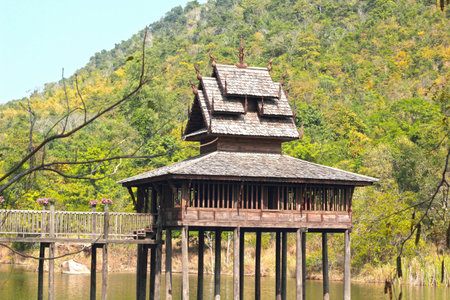 Thai Wooden House in the riverの写真素材