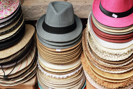 Hats for sale at the marketの写真素材