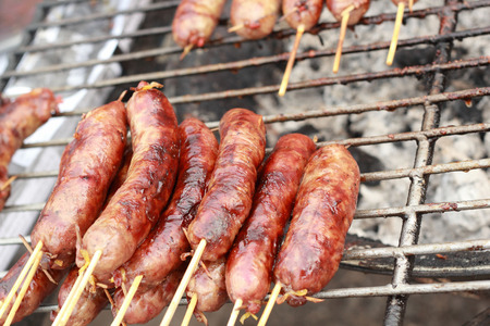 BBQ sausages in the marketの写真素材