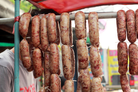 BBQ sausages in the marketの写真素材