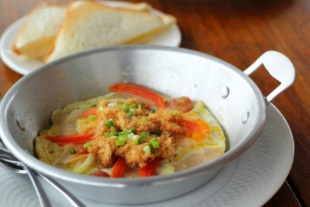 Breakfast with fried eggs panの写真素材