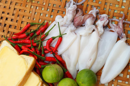Fresh squid in a basket - for cooking.の写真素材