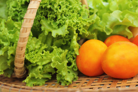 Vegetables salad and tomato in the basketの写真素材