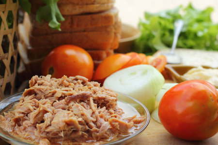 making tuna sandwich with fresh vegetablesの写真素材