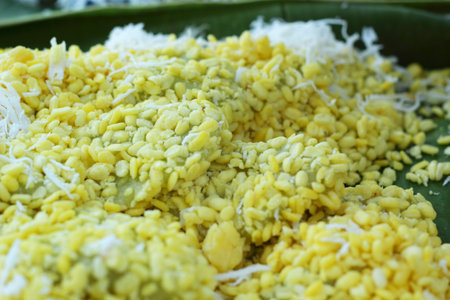 Thailand dessert - banana , pumpkins, corn, soybeans, sweet dumpling - mix coconut.の写真素材