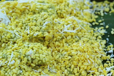 Thailand dessert - banana , pumpkins, corn, soybeans, sweet dumpling - mix coconut.の写真素材