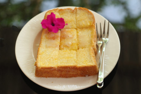 Bread, butter, topped  milk with tasty.